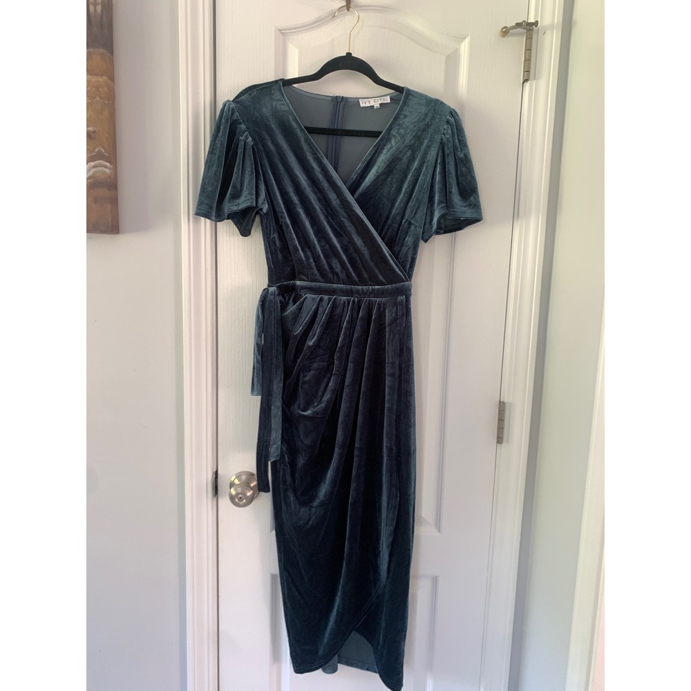 Ivy City Co Teal Velvet Flutter Sleeve Wrap Tulip Midi Dress XS